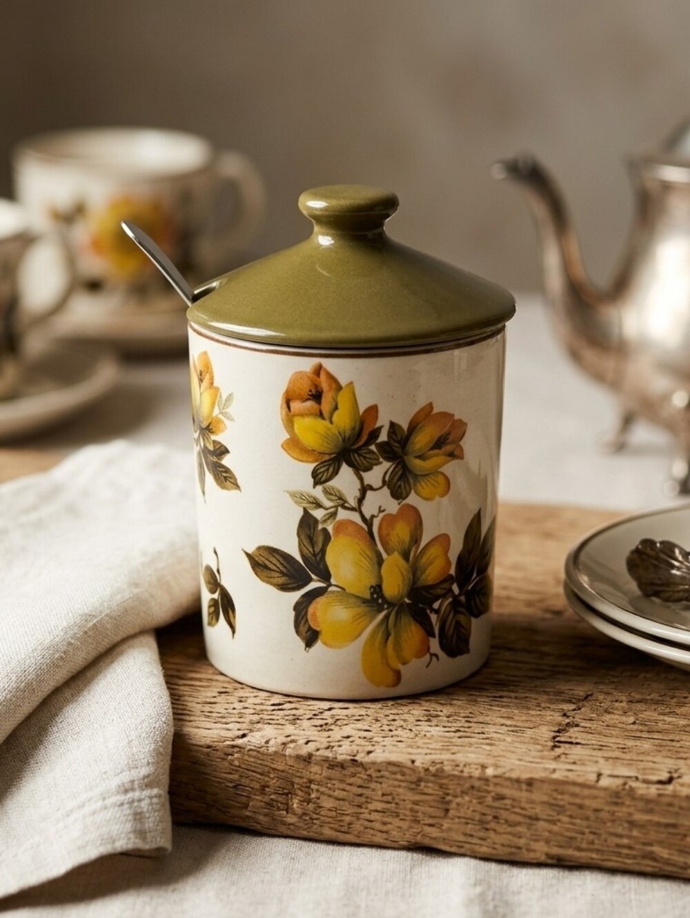 Vintage Midwinter Staffordshire Ceramic Sugar Bowl Jam Jar With Lid & Spoon